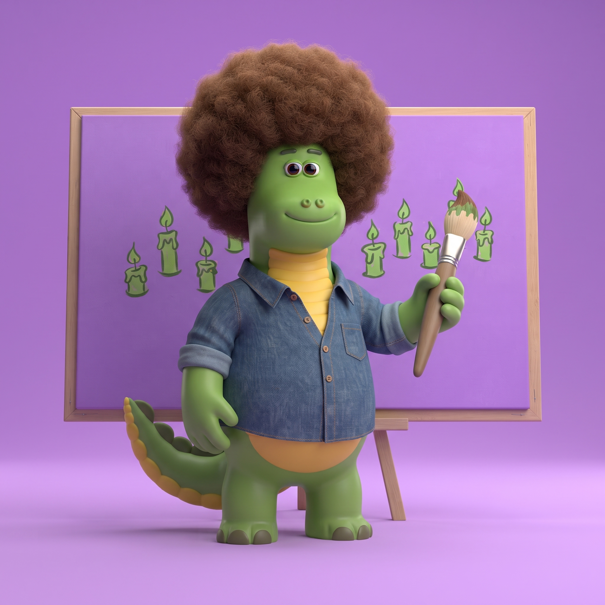 DINOZOZ painting in front of a purple canvas